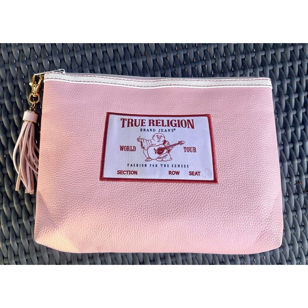True Religion Pink World Tour Zip Pouch Clutch /makeup Tassel Bag Y2K